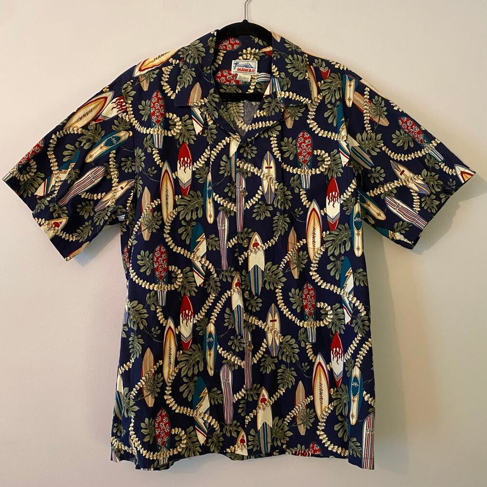 Vintage Hawaii Print Blue Surf Board Short Sleeve Button Down Shirt Cotton XL